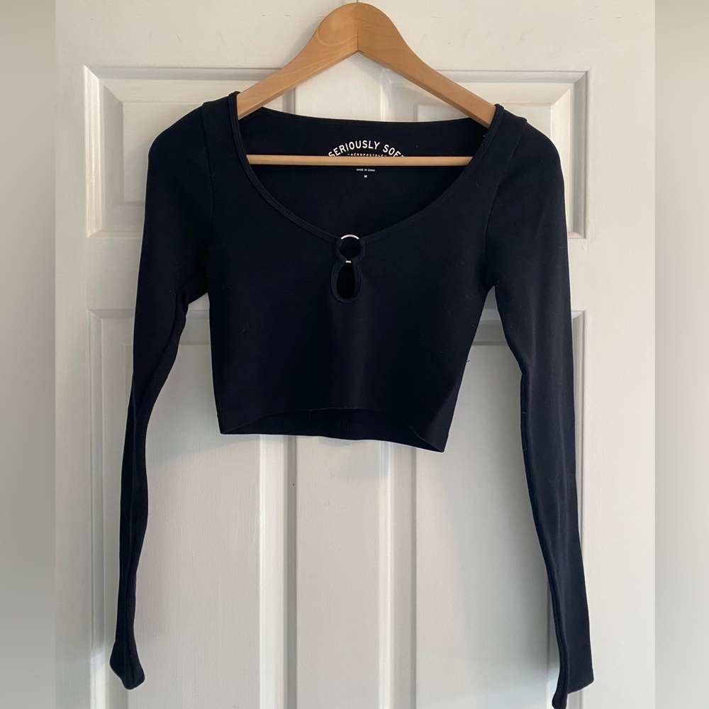 Aeropostale Black Ribbed Long Sleeve Crop Top Size M